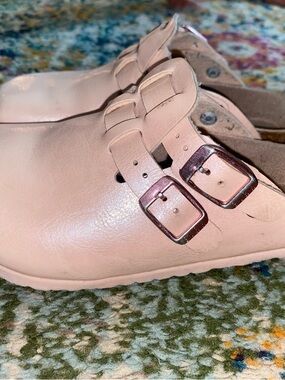 Birkenstock Pink Leather Two-Buckle Clog Sandals